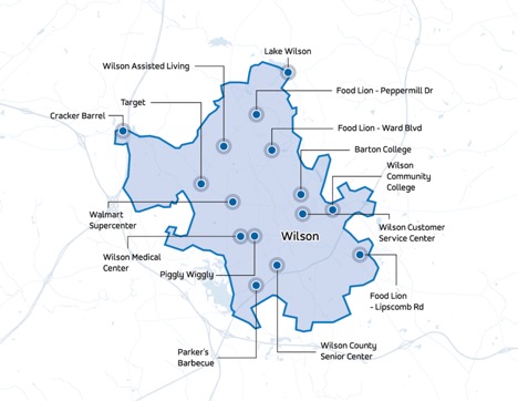 A map showing the destinations of Wilson, North Carolina's RIDEWilson on-demand service