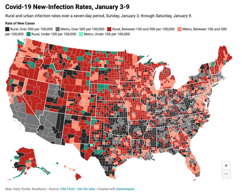 Map of United States showing Covid-19 rates per 100,00 people